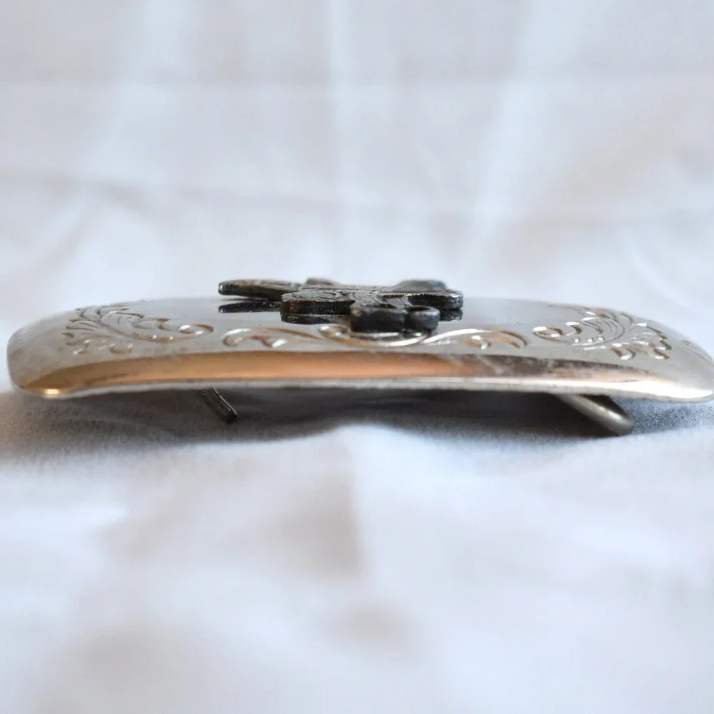 Vintage Belt Buckle‎ Horse Saddle Filigree Stamped Engraved Etched Western USA